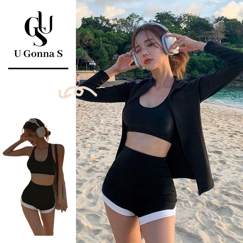 U Gonna S ชุดว่ายน้ําผู้หญิงเซ็กซี่ 3 ชิ้น 2024 Padding แขนยาว Beachwear กางเกงขาสั้นบิกินี่น่ารักแฟชั่นยืดเกาหลีสูงเอวกีฬา Tankini กีฬา