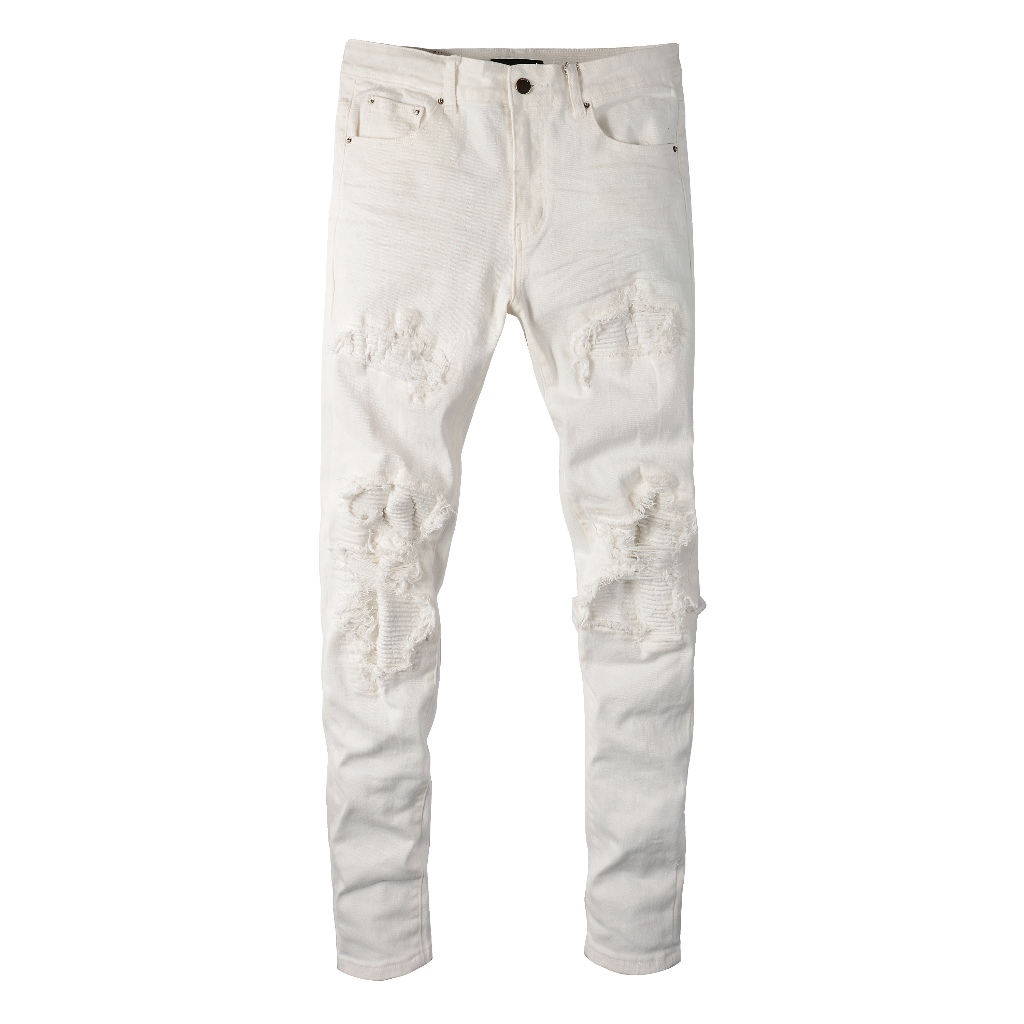 Amiri กางเกงยีนส์สตรีทแฟชั่นของผู้ชาย White Slim Fit Elastic Design Splicing Technologies กางเกงยีนส