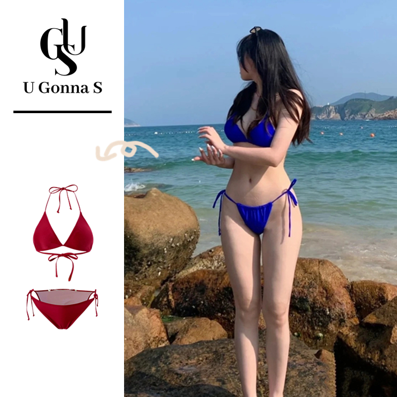 U Gonna S ชุดบิกินี่ชายหาดชุดว่ายน้ําผู้หญิงเซ็กซี่ Padding 2 ชิ้น 2024 สไตล์ใหม่ V คอ Halter แขนกุดสีดําสีฟ้าสีชมพูสูงเอวน่ารักแฟชั่นยืด