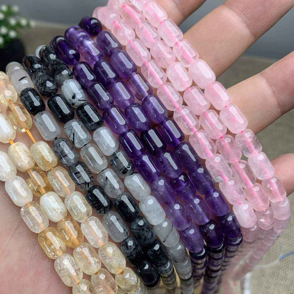 6x9 มม.ลูกปัด 7 คริสตัลสตรอเบอร์รี่สีดําผมควอตซ์มูนสโตน 38 ซม.ความยาว