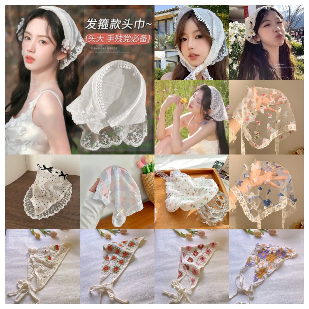 ผ้าคลุมศีรษะลูกไม้สําหรับผู้หญิงผูกผมฤดูร้อนที่คาดผมสไตล์พระบางความรู้สึกสาวดอกไม้ลูกไม้สามเหลี่ยมผ้าพันคอริมทะเลวันหยุดคาดศีรษะภาพชม
