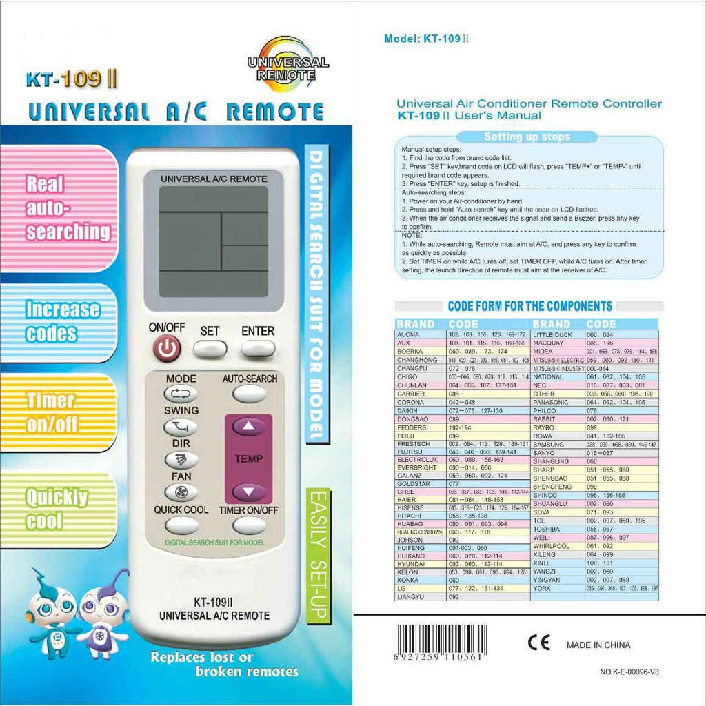KT-109 II Universal AC Remote Control รีโมทแอร์ Eminent สําหรับทุกรุ่น ด้านหลังของ