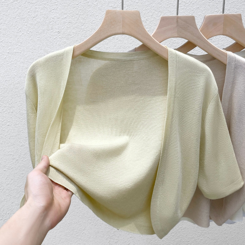 ครีมกันแดดถักเสื้อสเวตเตอร์ถักผู้หญิงฤดูร้อนสไตล์ใหม่แขนสั้นบางสไตล์ Slimmer ดูขนาดเล็ก Sha