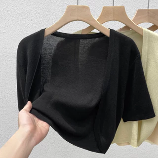 ครีมกันแดดถักเสื้อสเวตเตอร์ถักผู้หญิงฤดูร้อนสไตล์ใหม่แขนสั้นบางสไตล์ Slimmer ดูขนาดเล็ก Sha