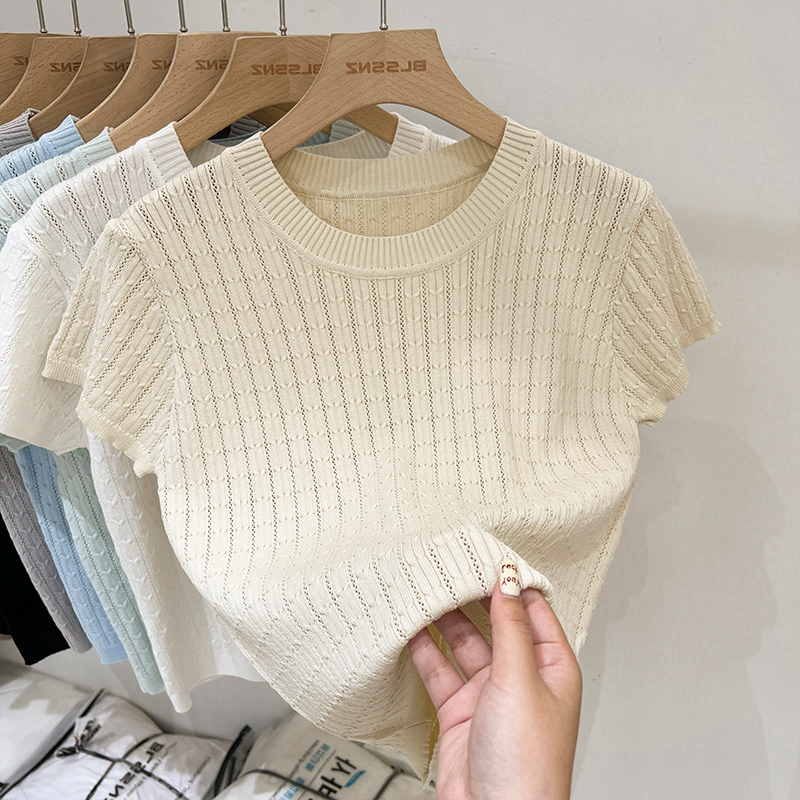 เสื้อยืดแขนสั้นผู้หญิงฤดูร้อนสไตล์ใหม่ Slimmer ดู Western สไตล์ Hollow เสื้อถัก 