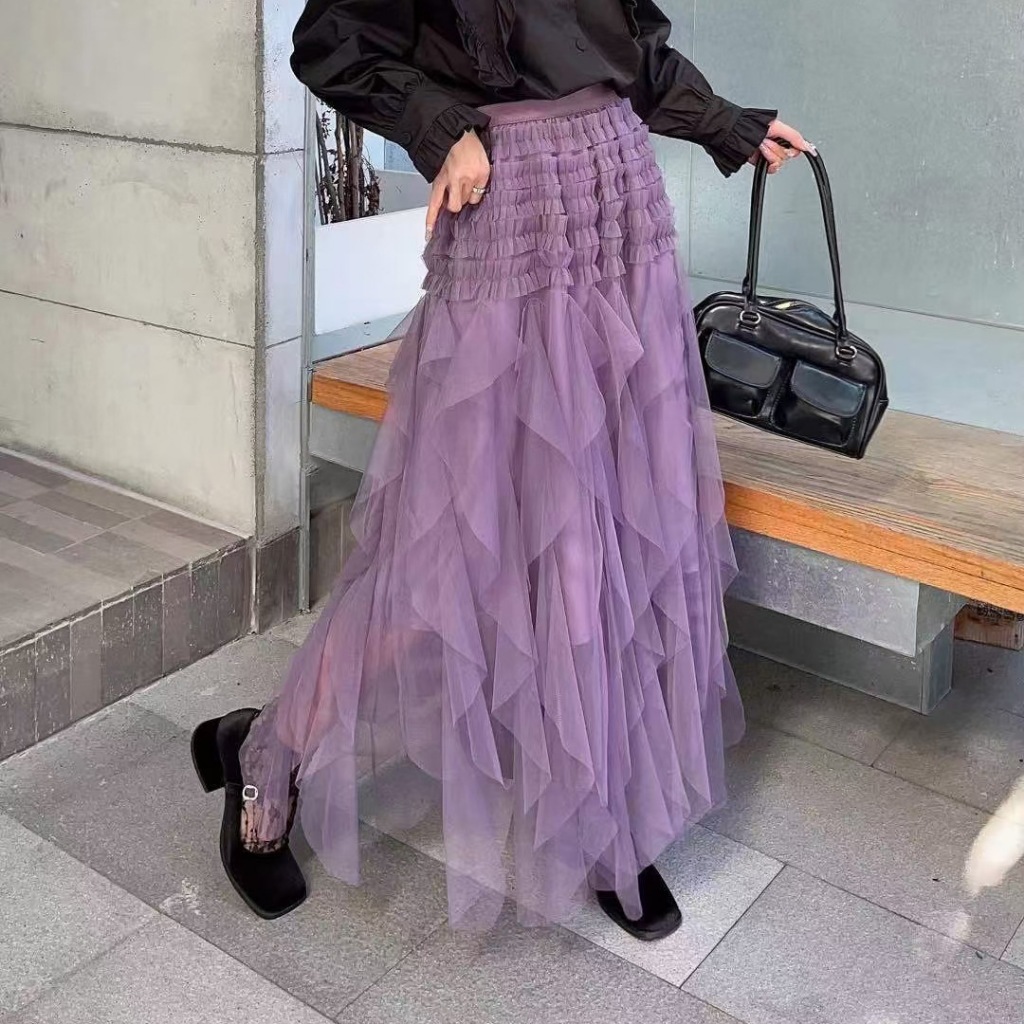 Qooth ผู้หญิง Fairy Tutu เค้กกระโปรง Elegant Elastic เอวยาว A-line กระโปรง Tulle สําหรับทุกฤดูกาล QT