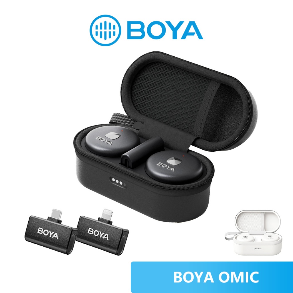 BOYA Omic Series ไมโครโฟนไร้สายแบบ Dual-Channel พร้อมเคสชาร์จสำหรับการถ่ายทอดสดออกอากาศ Vlog สัมภาษณ์ Black & White