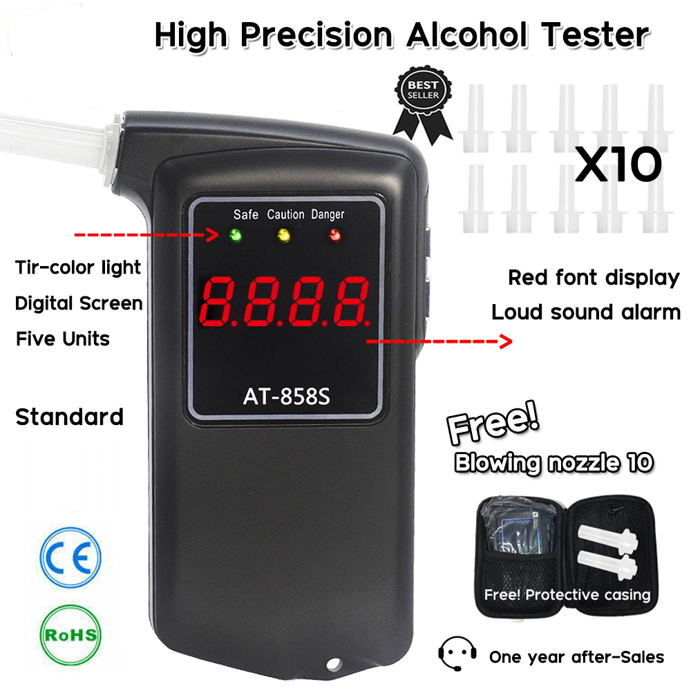 เครื่องเป่าแอลกอฮอล์ เครื่องวัดแอลกอฮอล์ หน้าจอ LCD ดิจิทัล ความแม่นยําสูง 10 หัวฉีด AT-858S alcohol tester