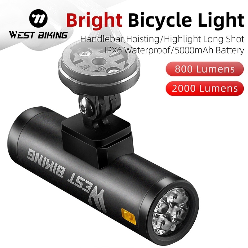 WEST BIKING ไฟหน้าจักรยาน 2000 Lumens 5000mAh Type-C ชาร์จได้ พร้อมมาตรวัดความเร็ว ปลดไว