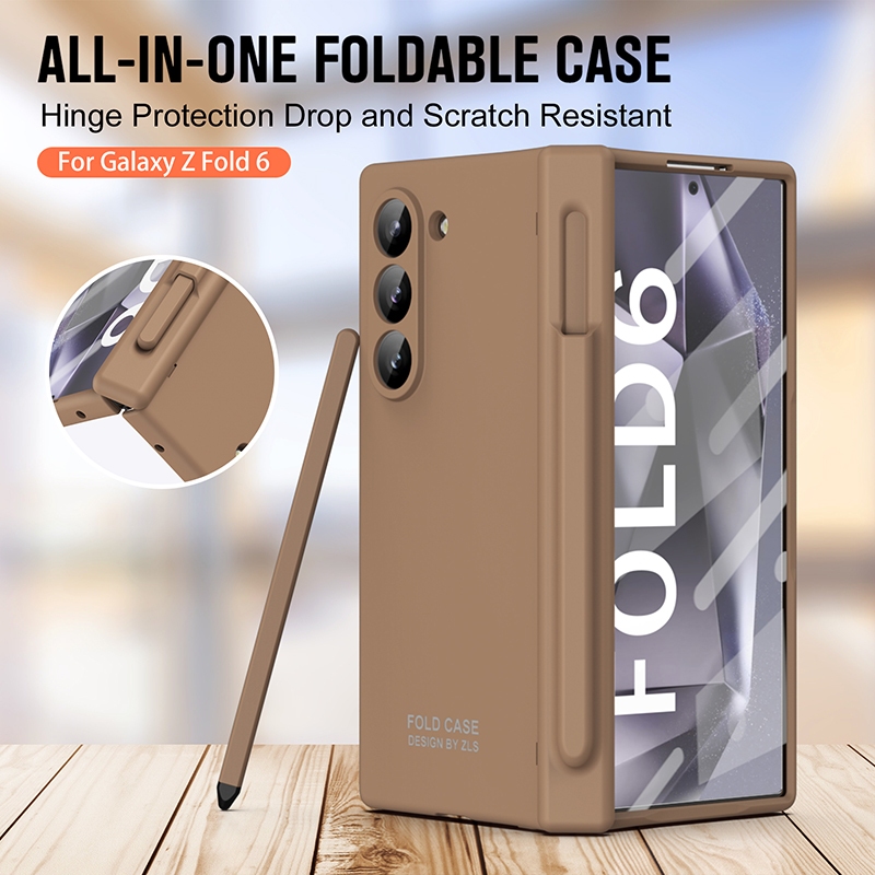Zfold6 Casing Case สําหรับ Samsung Galaxy Z Fold6 Z Fold5 Z Fold4 Pure Color Simple Pen Slot บานพับเ