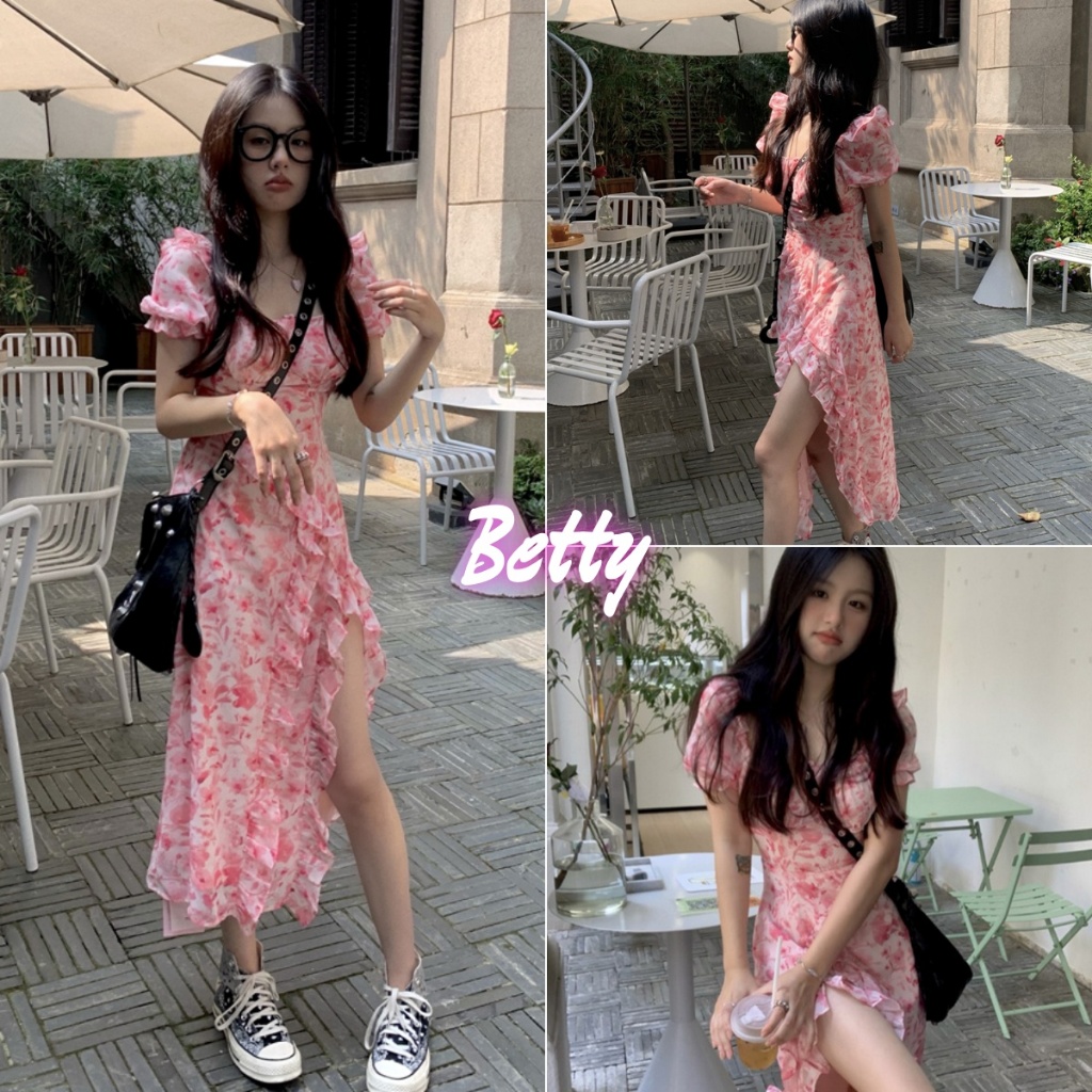 Betty house🌸พร้อมส่ง เดรสยาวผู้หญิง ชุดเดรส ชุดสีชมพู กระโปรงยาวลายดอกไม้แฟชั่น ไตล์อ่อนโยนน่ารักและหวาน แขนสั้น เปิดไหล่เซ็กซี่ได้