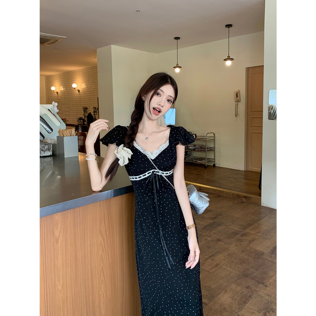 【BANKO】ชุดเดรสสีดําลายจุดลายจุดสตรีฤดูร้อนฝรั่งเศส