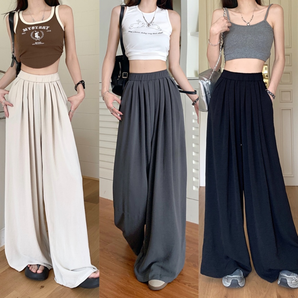 Betty house พร้อมส่ง กางเกงขายาว กางเกงขากว้างผู้หญิง ผ้ายืดใส่สบาย ลำลองทรงหลวม เอวสูง สไตล์เกาหลี  สีทึบ 3สี คุณภาพดี