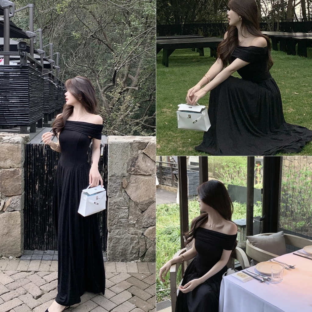 Betty house🌸พร้อมส่ง เดรสยาวผู้หญิง ชุดเดรสเปิดไหล่เซ็กซี่ฝรั่งเศสสีดํา ผ้ายืดรูปทรงสวย คุณภาพดี