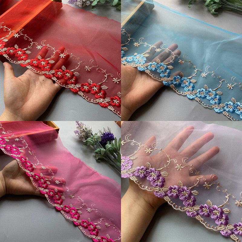 1หลา/ล็อต20เซนติเมตรสีแดงสีฟ้าสีม่วงดอกไม้เรืองแสงเย็บปักถักร้อยตัดสําหรับเสื้อผ้าและชุดแต่งงานแอฟริกันลูกไม้ผ้า