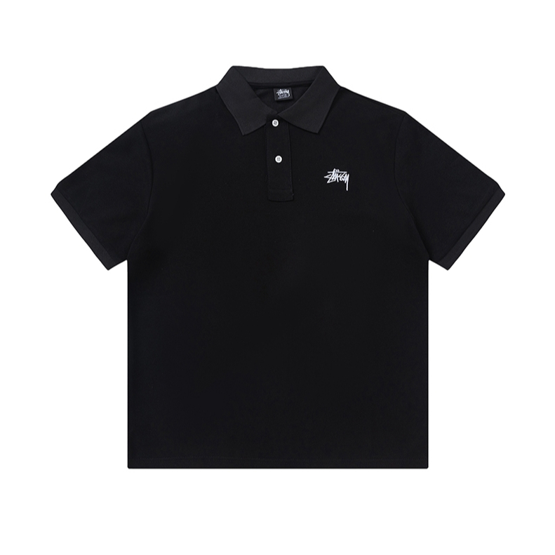 ตรงหลวมพอดีเสื้อโปโลปกแขนสั้นเสื้อยืดโลโก้เย็บปักถักร้อยคลาสสิกสไตล์ลําลองสวมใส่อย่างเป็นทางการกระโหลกสไตล์ผ้าฝ้ายแท้เส้นด้ายคู่ผ้า ยู นิสซ์ สตู-