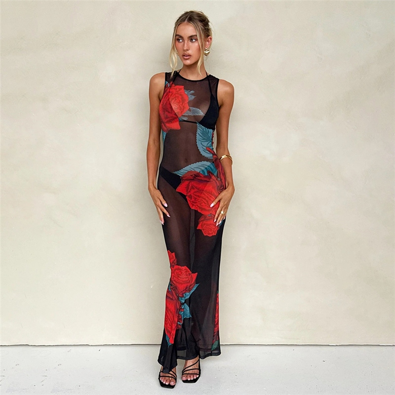 แปลก Puss Casual Maxi Dresses คอกลมแขนผอมอเนกประสงค์ฤดูร้อนบรรยากาศสไตล์แฟชั่นดูทินเนอร์ 2024 Hot New
