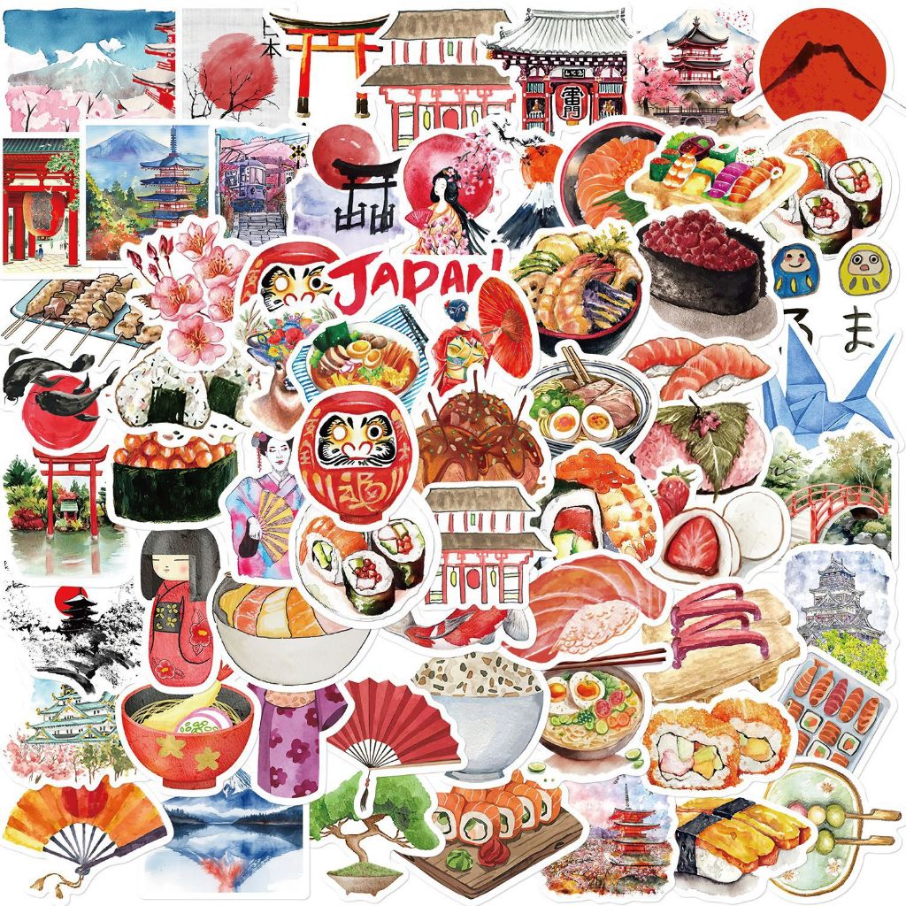 64 ชิ้น สีน้ําทาสี Japan Cuisine ทิวทัศน์และองค์ประกอบวัฒนธรรม สติ๊กเกอร์ PVC กันน้ํา