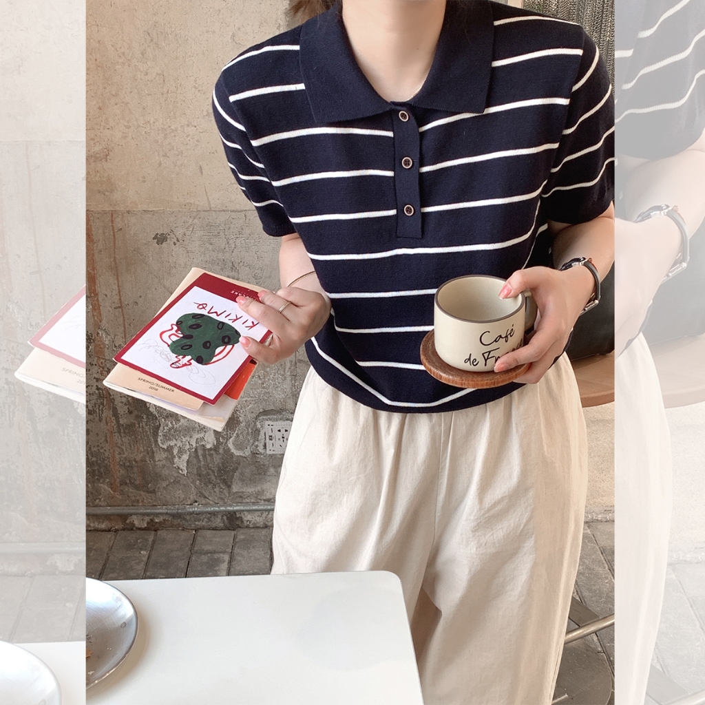 loveflower เสื้อไหมพรมลายทางสําหรับผู้หญิงฤดูร้อนสลิมมิ่งคอโปโลแขนสั้นด้านบน