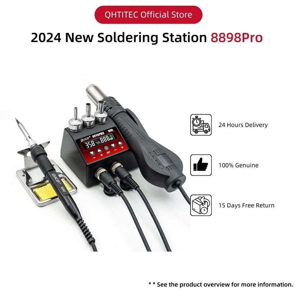 JCD 2024 NEW เครื่องเป่าลมร้อน 8898Pro 2 in 1 หัวแร้งบัดกรี & ปืนลมร้อน 750W Rework Station พร้อมหัวฉีดลมร้อน 3 หัว