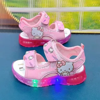 SUGE รองเท้าแตะเด็กผู้หญิง ลายการ์ตูนแมวมีไฟ LED สีชมพู สีม่วง