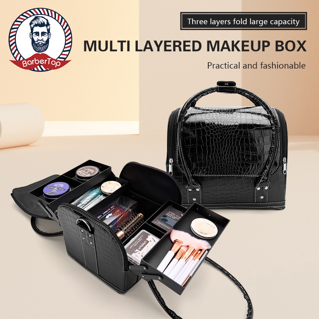 สปอตสปอตสปอต #Professional ความงามผมและเครื่องมือทําเล็บความจุขนาดใหญ่ชั้นถุงเก็บกันน้ําปักขนตาเก็บกล่องแต่งหน้าสามชั้นหนังแท้