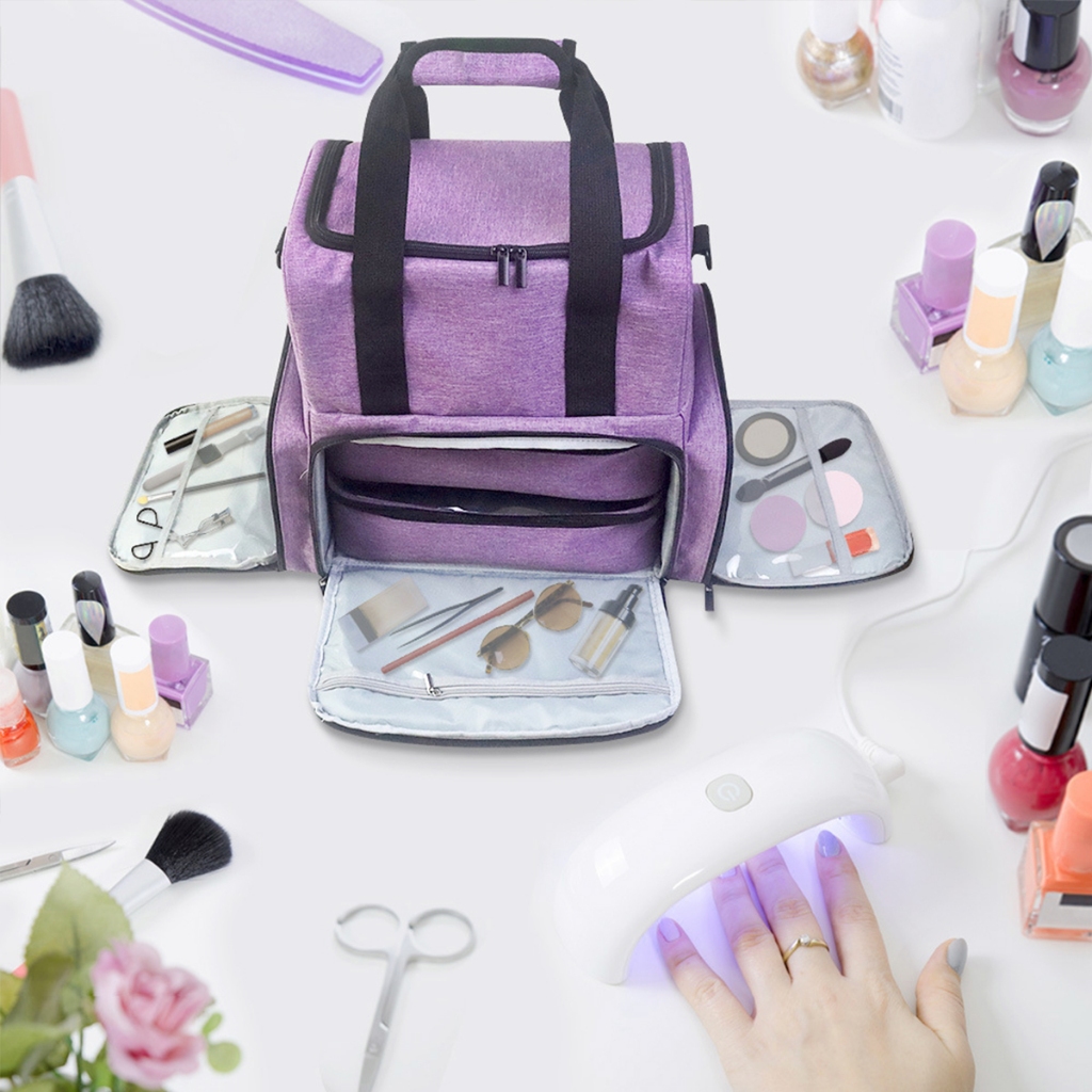 สปอตสปอตสปอต #Multifunctional กระเป๋าเครื่องมือแต่งหน้าสีม่วงแบบพกพาความจุขนาดใหญ่สะดวกกระเป๋าแต่งหน้าสองชั้นแบบพกพากระเป๋าเก็บยาทาเล็บ - รูปที่ 7