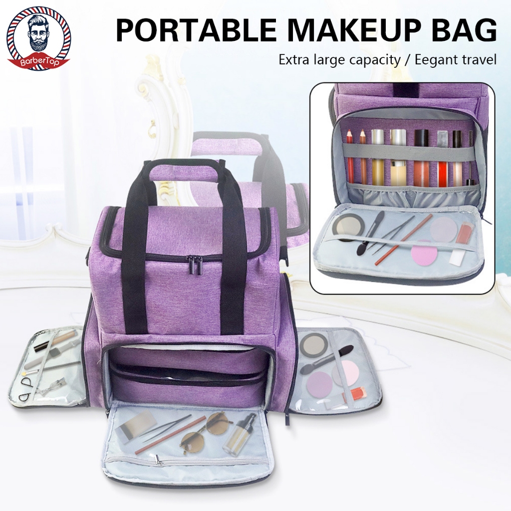 สปอตสปอตสปอต #Multifunctional กระเป๋าเครื่องมือแต่งหน้าสีม่วงแบบพกพาความจุขนาดใหญ่สะดวกกระเป๋าแต่งหน้าสองชั้นแบบพกพากระเป๋าเก็บยาทาเล็บ