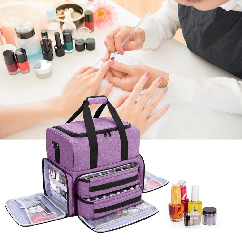 สปอตสปอตสปอต #Multifunctional กระเป๋าเครื่องมือแต่งหน้าสีม่วงแบบพกพาความจุขนาดใหญ่สะดวกกระเป๋าแต่งหน้าสองชั้นแบบพกพากระเป๋าเก็บยาทาเล็บ - รูปที่ 6