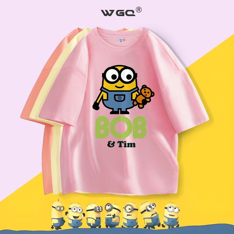 [110-160]WGQ minions เด็กเสื้อผ้าแฟชั่นสาวเสื้อยืดสาวเสื้อยืดเสื้อผ้าเด็กแขนสั้นด้านบนผ้าฝ้ายแท้น่ารักจดหมายการ์ตูนพิมพ์กีฬาด้านบ