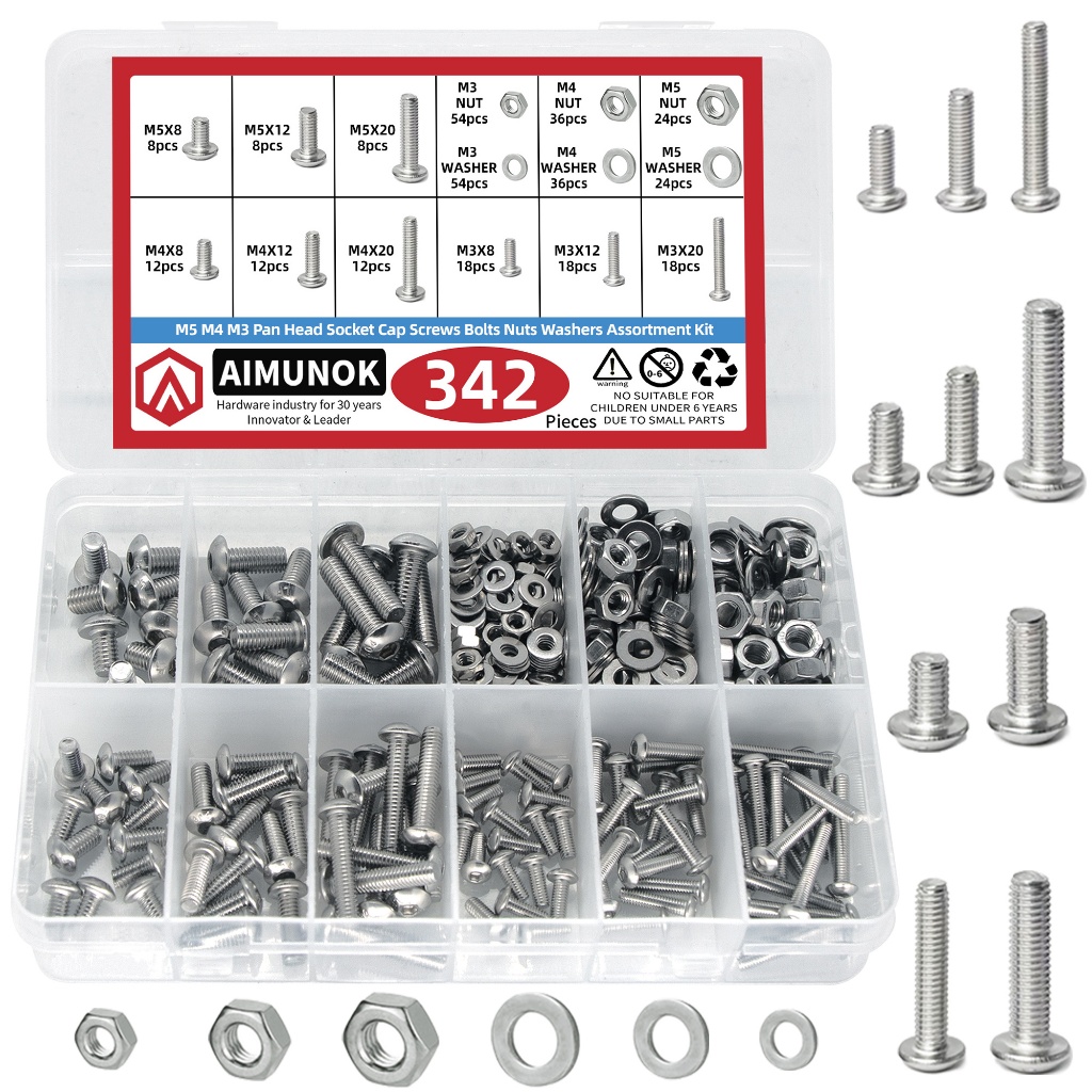 342pcs M5 M4 M3 ปุ่มหัวซ็อกเก็ตสกรู Bolts Nuts เครื่องซักผ้า Assortment Kit, 304 สแตนเลสเมตริกสกรูชุด,สลักเกลียวขนาดเล็กและถั่วชุด