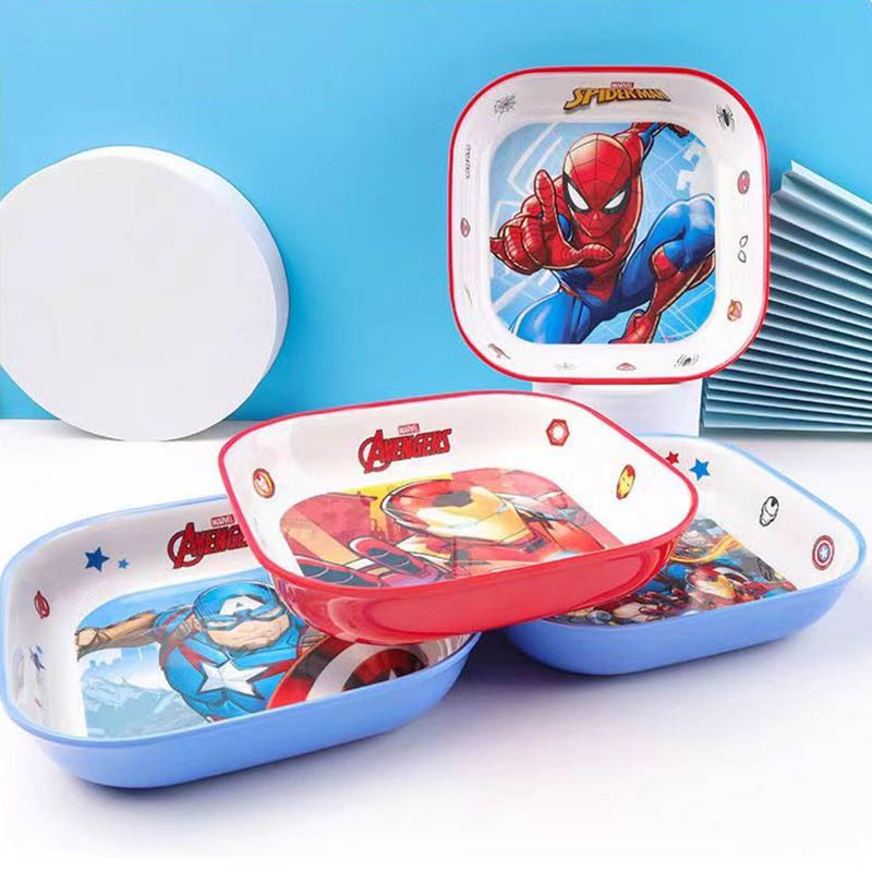 ของแท้ Disney Marvel Spider-Man การ์ตูนเกรดอาหารจานสี่เหลี่ยมชุดช้อนส้อมจานรับประทานอาหารในครัวเรือนทนอุณหภูมิสูง Influ
