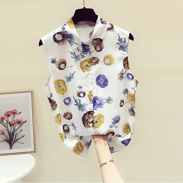 เสื้อเบลาส์ผ้าฝ้ายแขนกุดคอโปโลลายดอกไม้ลําลองฤดูร้อน