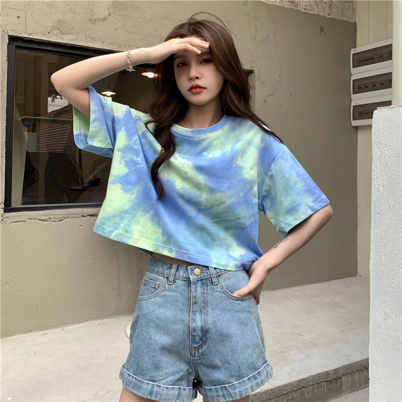 ผู้หญิงมัดย้อมพิมพ์เสื้อยืดแขนสั้นหลวมเสื้อครอป