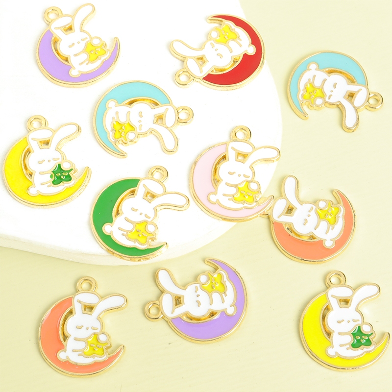 10ชิ้นที่มีสีสันดวงจันทร์และกระต่ายที่มีโฮลดิ้งดาวเคลือบเสน่ห์ ทําเอง สร้อยคอสร้อยข้อมือต่างหูโทรศัพท์โซ่หูฟังกรณีน่ารักราตรีสวัสดิ์กระต่ายจี้-ของขวัญสําหรับเทศกาลกลาง