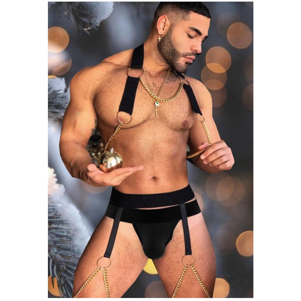 3ชิ้นเซ็กซี่ผู้ชายโซ่โลหะยืดหยุ่นสายรัดหน้าอกโซ่ขาสายรัดถุงเท้ากับกลวงออก ที หงส์ ชุดชั้นในพรรคไนท์คลับประสิทธิภาพเครื่องแต่งกายพังก์