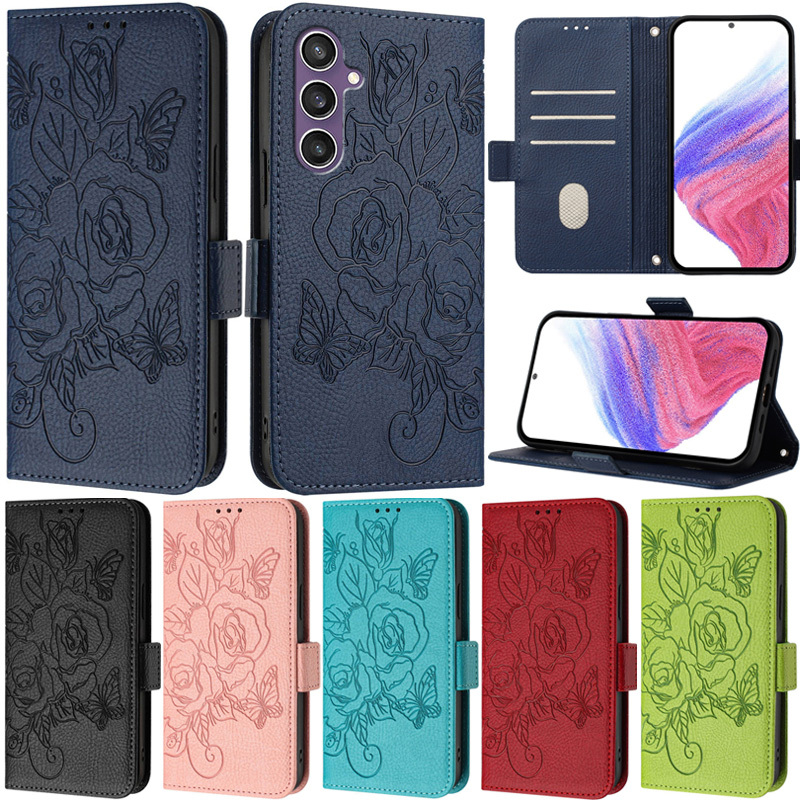 SAMSUNG หรูหราสําหรับsamsung Galaxy S24 FE S24 Ultra S23 Ultra S23 FE A53 A52 A73 A72 A33 5G A05S A04E S24 Plus S23 Plus Roseกระเป๋าสตางค์ผีเสื้อนุ่มPUหนังฝาครอบกรณี