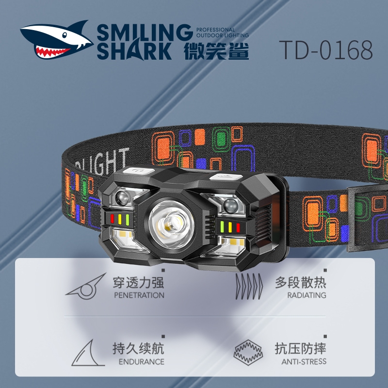 Smiling Shark TD0168 ไฟหน้า Super Bright ไฟ LED ตกปลา 5000LM แบตเตอรี่ความจุสูง Super ยาวและทนทาน 5 โหมด Type-c ชาร์จไฟหน้ากลางแจ้ง, ตกปลา
