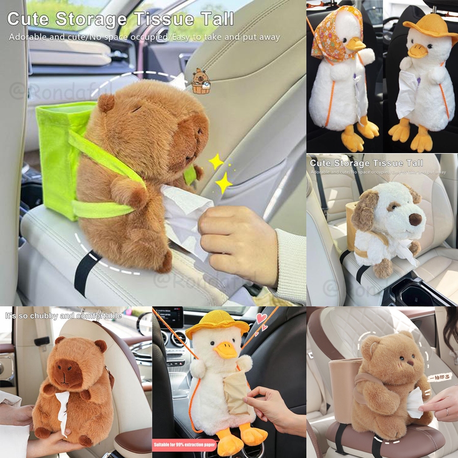 กล่องทิชชู่ในรถยนต์และถังขยะ 2 ใน 1 ตุ๊กตาน่ารักการ์ตูนผ้าเช็ดปากถือกระเป๋าเบาะหลังที่ใส่ทิชชู