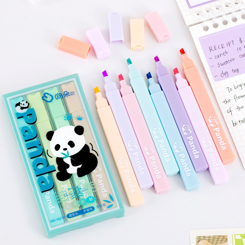 Penlab 4pcs น่ารัก Panda Mild สี Highlighter ปากกาชุด Square Barrel Soft Head Marker Liner สําหรับภาพวาด C7671