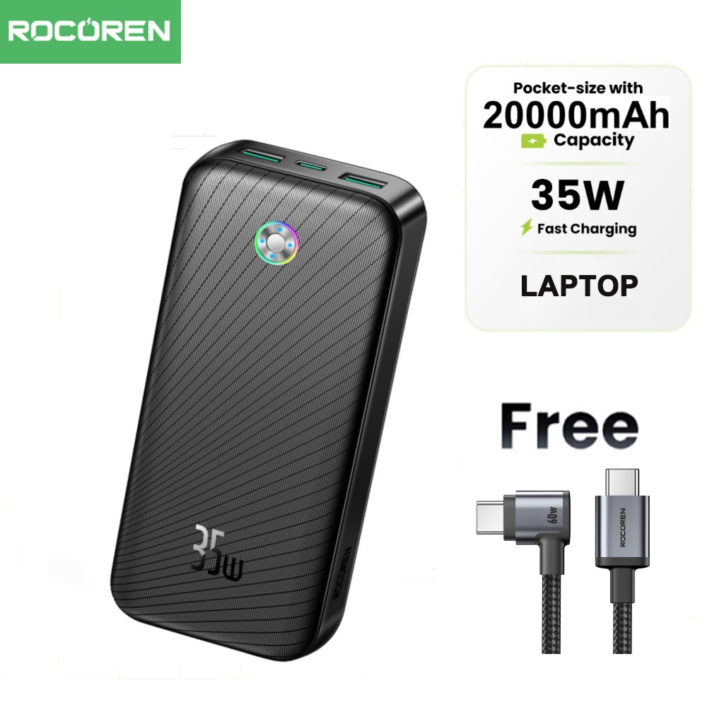 Rocoren PD35W 20000mAh Power Bank QC PD 3.0 Fast Charging PowerBank สําหรับ i15 Series Samsung S24 แล็ปท็อป