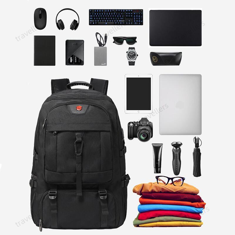 กระเป๋าเป้สะพายหลังกันน้ำสำหรับผู้ชาย 50L 80Lด้วยอินเทอร์เฟซ USB เปิดกระเป๋า ยืนฟรีกระเป๋ารองเท้า