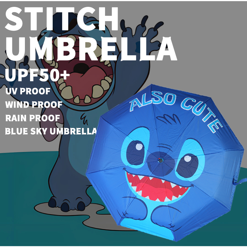 ส่งด่วน ร่มกันฝนอัตโนมัติ ลายการ์ตูน Stitch สีฟ้า แบบพับได้ สําหรับนักเรียนชาย และหญิง