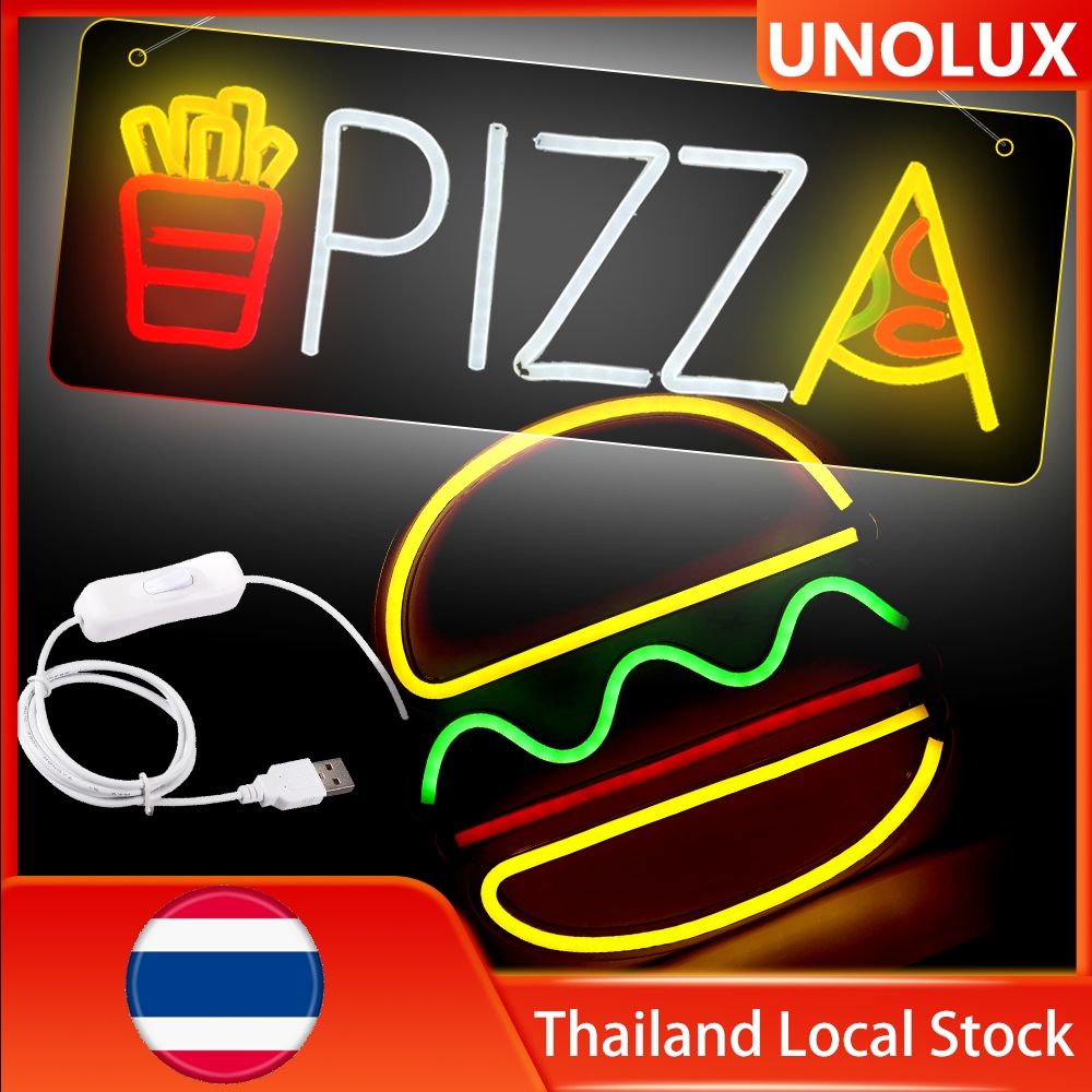 UNOLUX ป้ายเบอร์เกอร์ไฟนีออนป้ายพิซซ่าไฟสายรุ้งไฟ LED สำหรับตกแต่งร้านเบอร์เกอร์