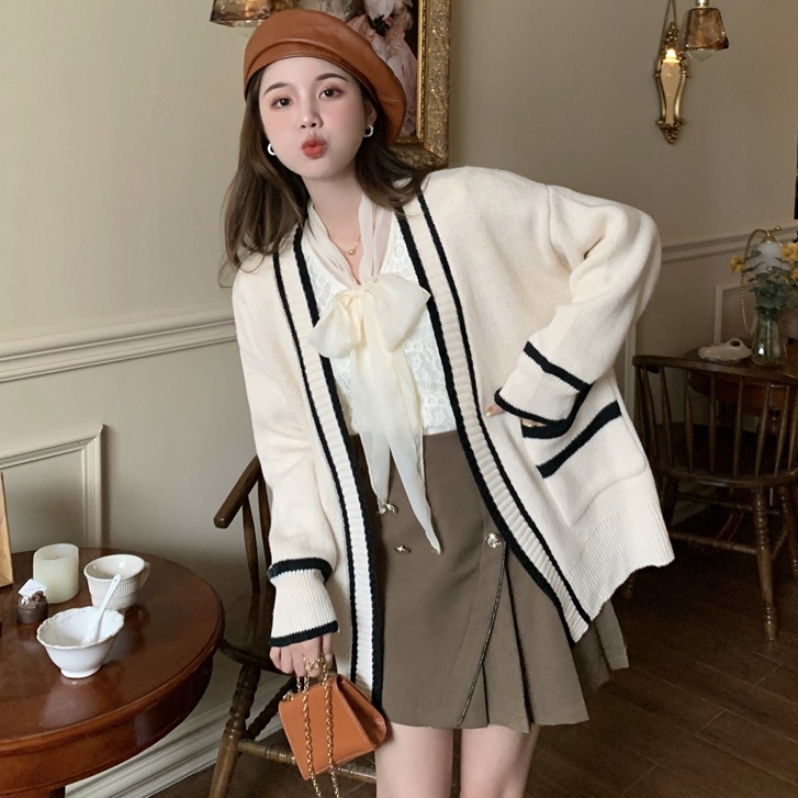 Rommers เสื้อแจ็กเก็ตคาร์ดิแกนกันหนาว ผ้าถัก ลายทาง สีตัดกัน สไตล์เกาหลี