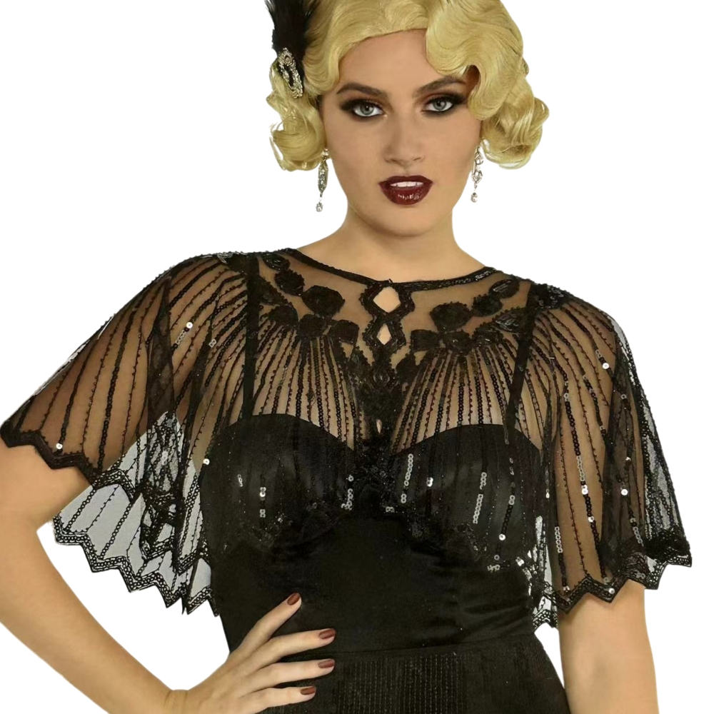 Vintage 1920s Flapper ผ้าคลุมไหล่เลื่อมลูกปัดสั้น Cape ลูกปัดตกแต่ง Gatsby Party ตาข่ายสั้น Cover Up Dress อุปกรณ์เสริม