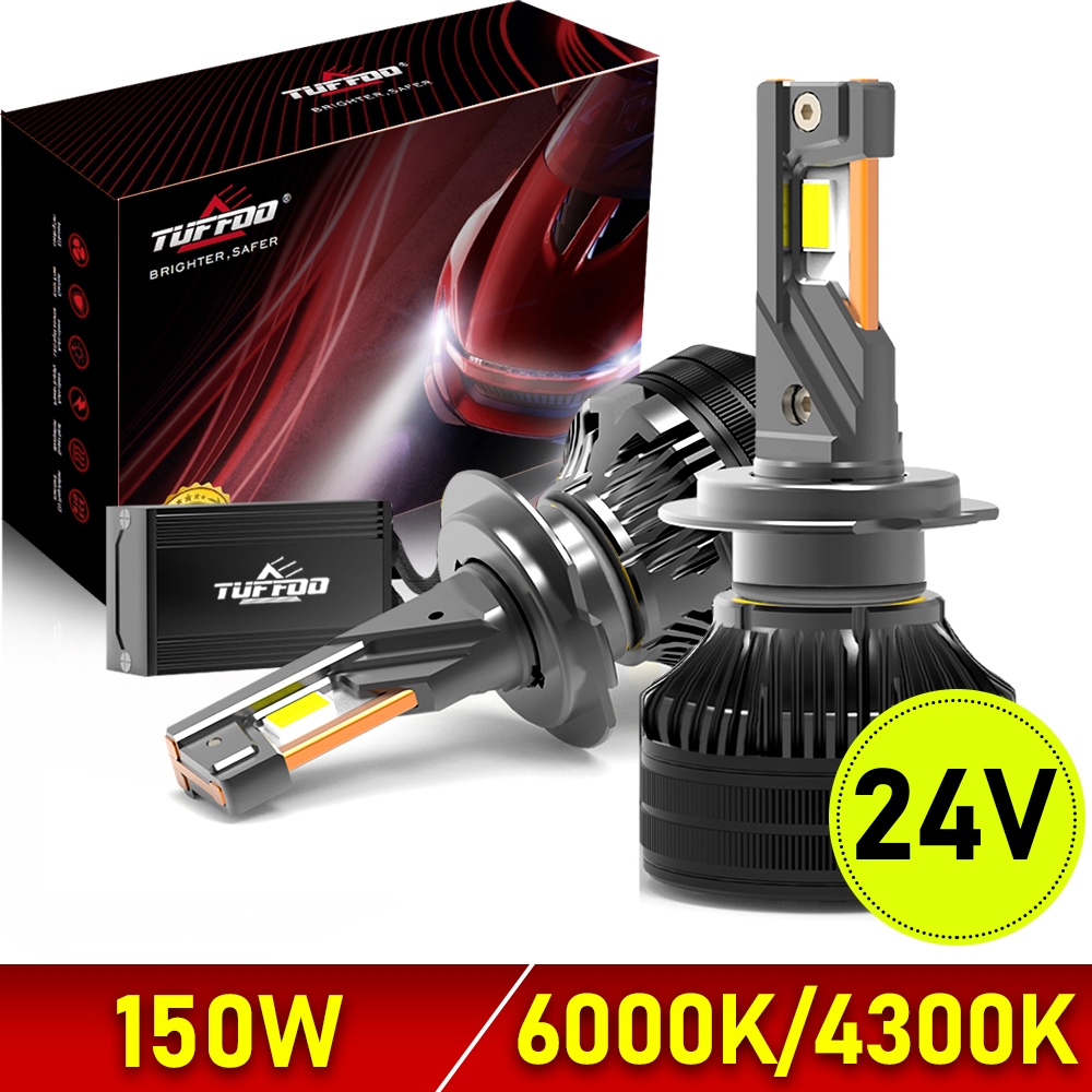 TUFFOO 1 คู่ 24V LED ไฟหน้าหลอดไฟ 150W 30000LM สําหรับรถบรรทุก H7/H4/H1 สีขาว/4300K สีเหลือง Warm White