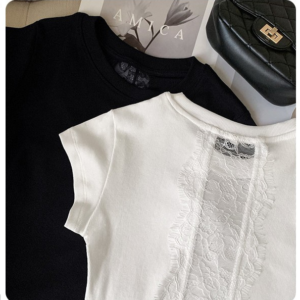 75923 ลูกไม้เย็บกลับกลวงแขนสั้นเสื้อยืดด้านบน