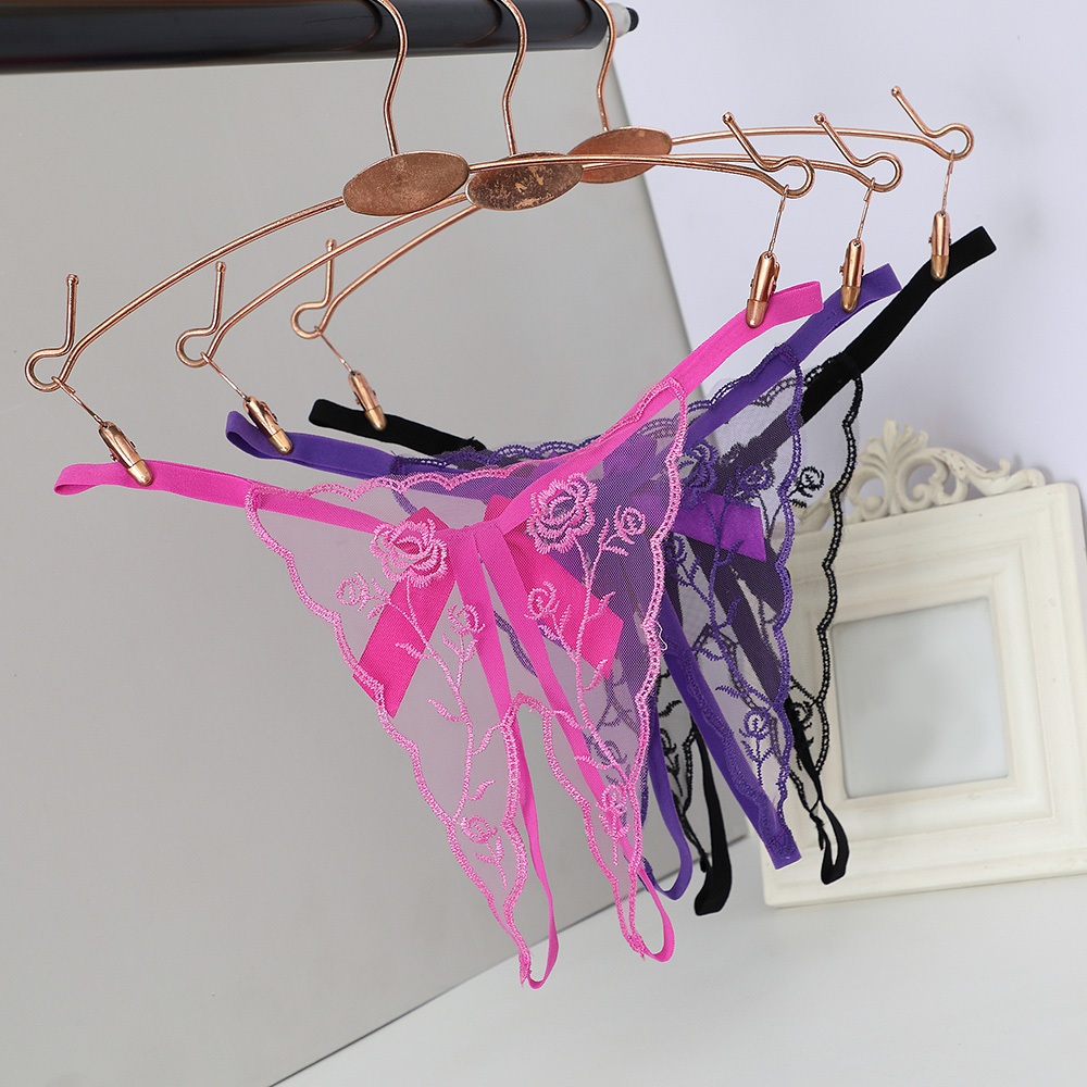 เปิด Thongs ชุดชั้นในสตรี Crotchless เย็บปักถักร้อย G String Tanga กางเกงลูกไม้โปร่งใสเซ็กซี่ชุดชั้นใน