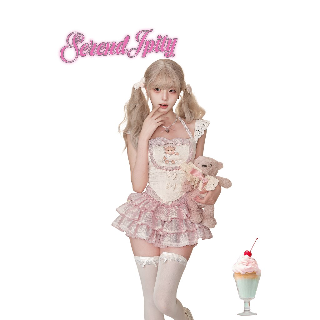 Girl Coconut Puff Bear High-End Super Beautiful Suit Beige Vest Top+กระโปรงเค้กสีชมพู